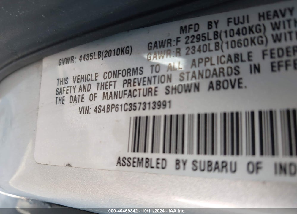 2005 SUBARU OUTBACK 2.5I VIN: 4S4BP61C357313991
