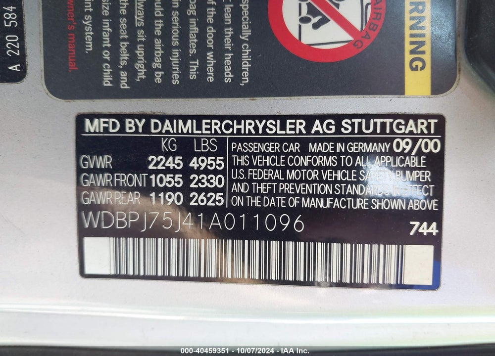 2001 MERCEDES-BENZ CL 500 VIN: WDBPJ75J41A011096