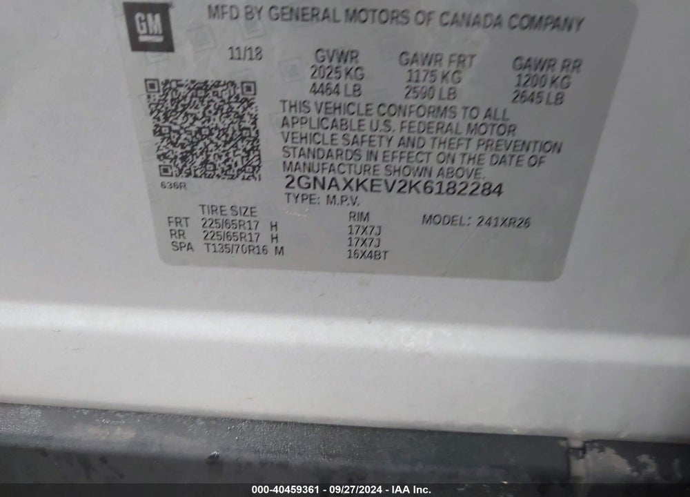 2019 CHEVROLET EQUINOX LT VIN: 2GNAXKEV2K6182284