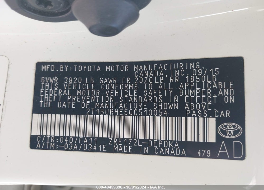 2016 TOYOTA COROLLA VIN: 2T1BURHE5GC510054