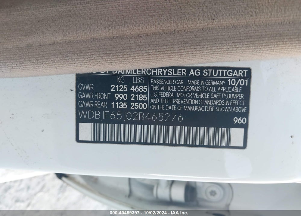 2002 MERCEDES-BENZ E 320 SPECIAL EDITION VIN: WDBJF65J02B465276