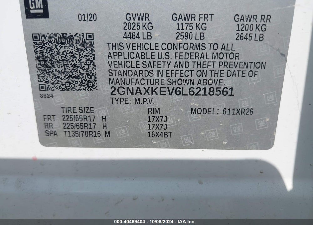 2020 CHEVROLET EQUINOX FWD LT 1.5L TURBO VIN: 2GNAXKEV6L6218561