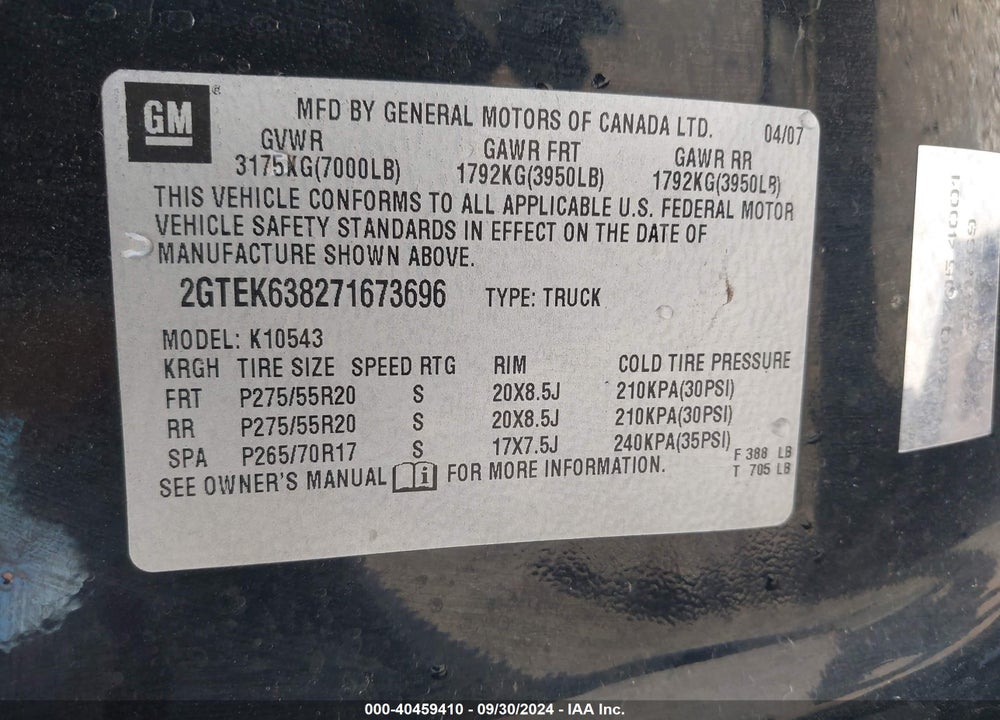 2007 GMC SIERRA 1500 DENALI VIN: 2GTEK638271673696
