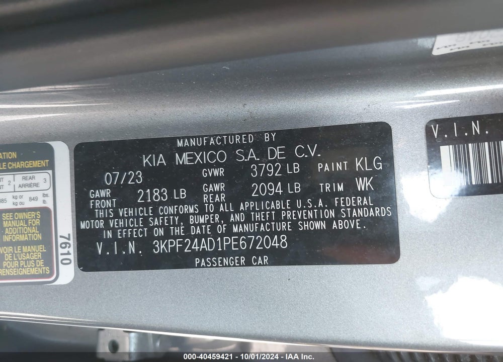 2023 KIA FORTE LXS VIN: 3KPF24AD1PE672048