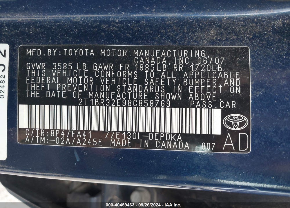 2008 TOYOTA COROLLA CE VIN: 2T1BR32E98C858769
