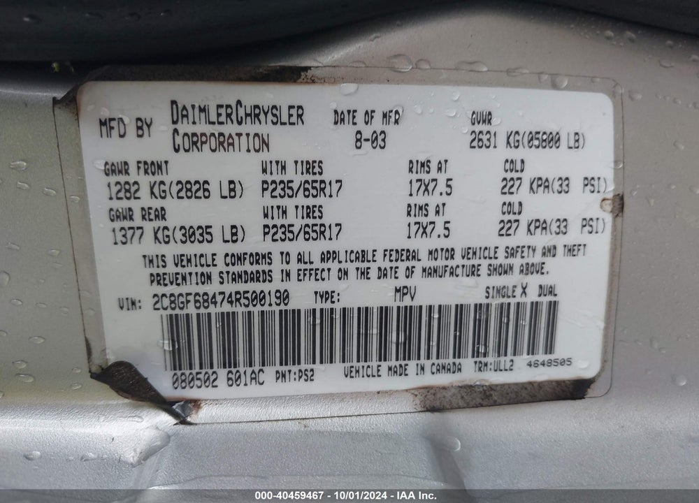 2004 CHRYSLER PACIFICA VIN: 2C8GF68474R500190