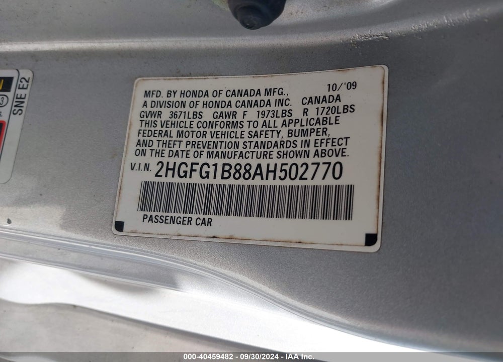 2010 HONDA CIVIC EX VIN: 2HGFG1B88AH502770