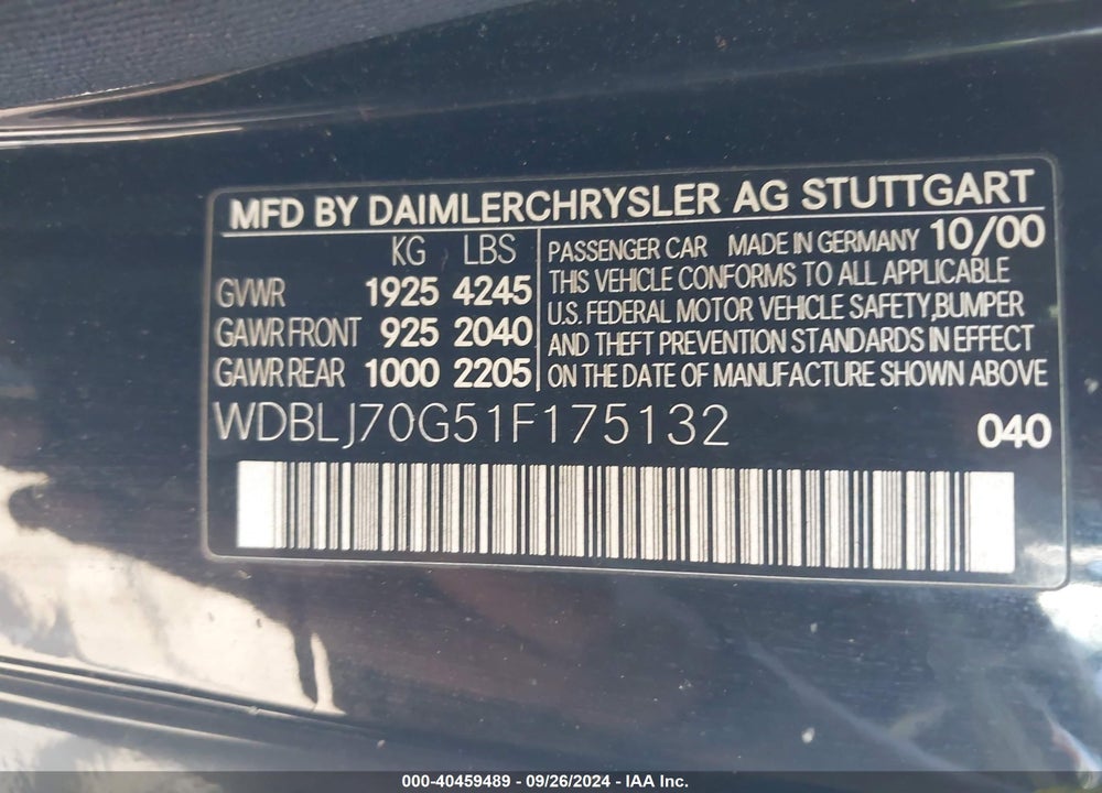 2001 MERCEDES-BENZ CLK 430 VIN: WDBLJ70G51F175132