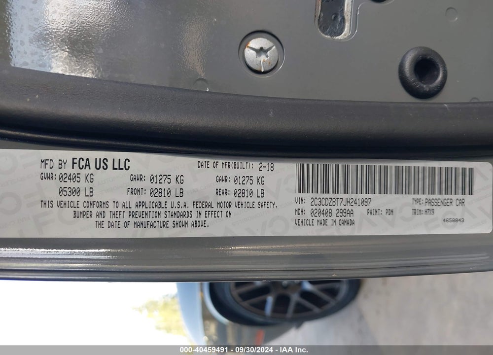 2018 DODGE CHALLENGER T/A VIN: 2C3CDZBT7JH241097