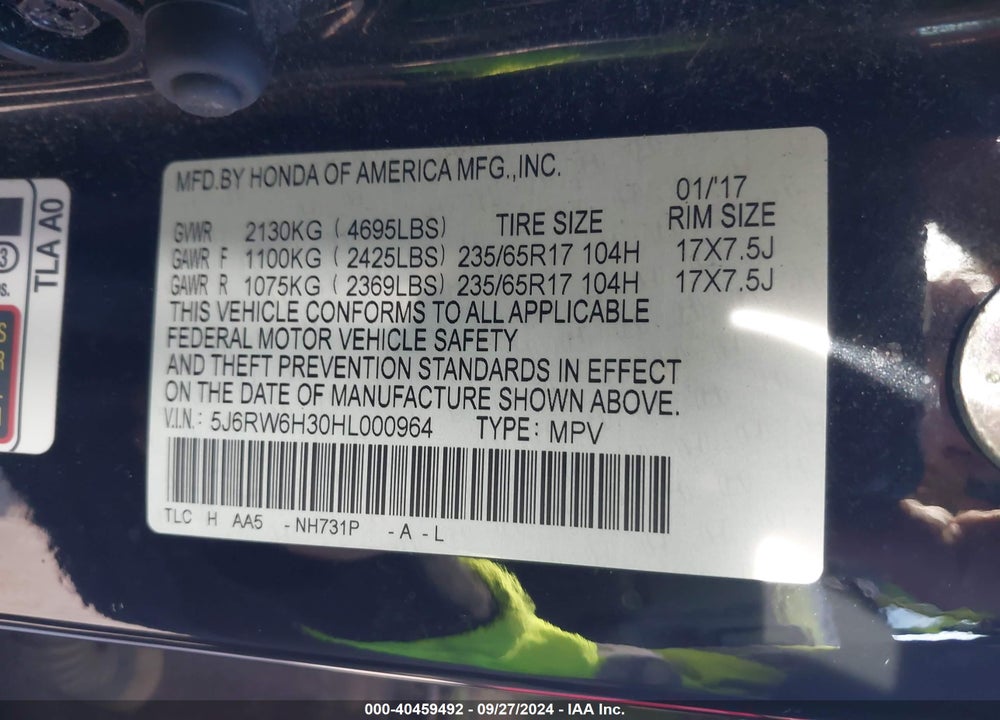 2017 HONDA CR-V LX VIN: 5J6RW6H30HL000964