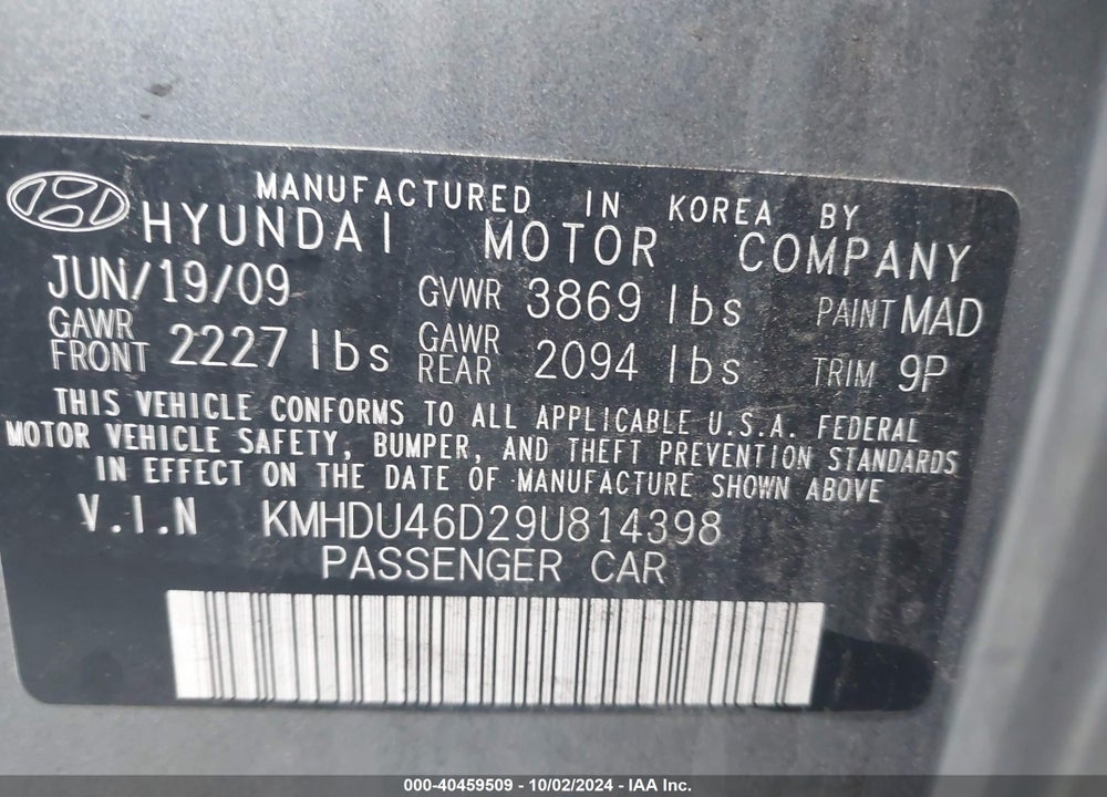 2009 HYUNDAI ELANTRA SE VIN: KMHDU46D29U814398