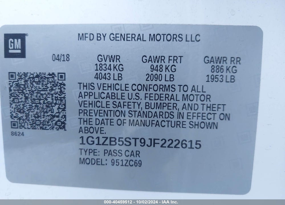 2018 CHEVROLET MALIBU 1LS VIN: 1G1ZB5ST9JF222615