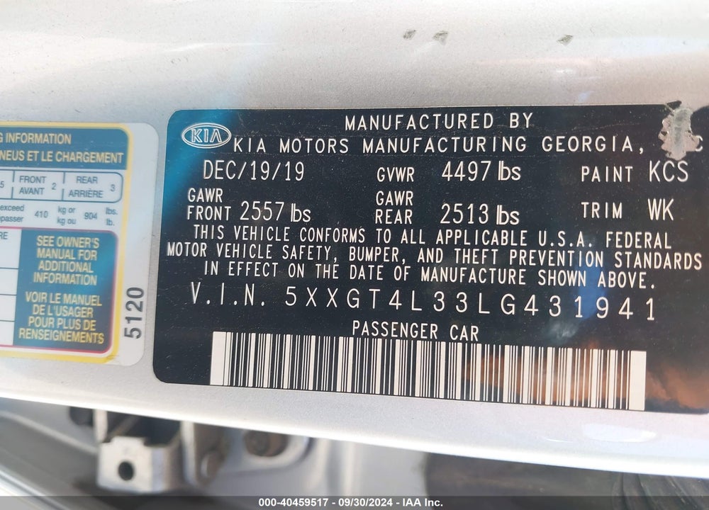 2020 KIA OPTIMA LX VIN: 5XXGT4L33LG431941