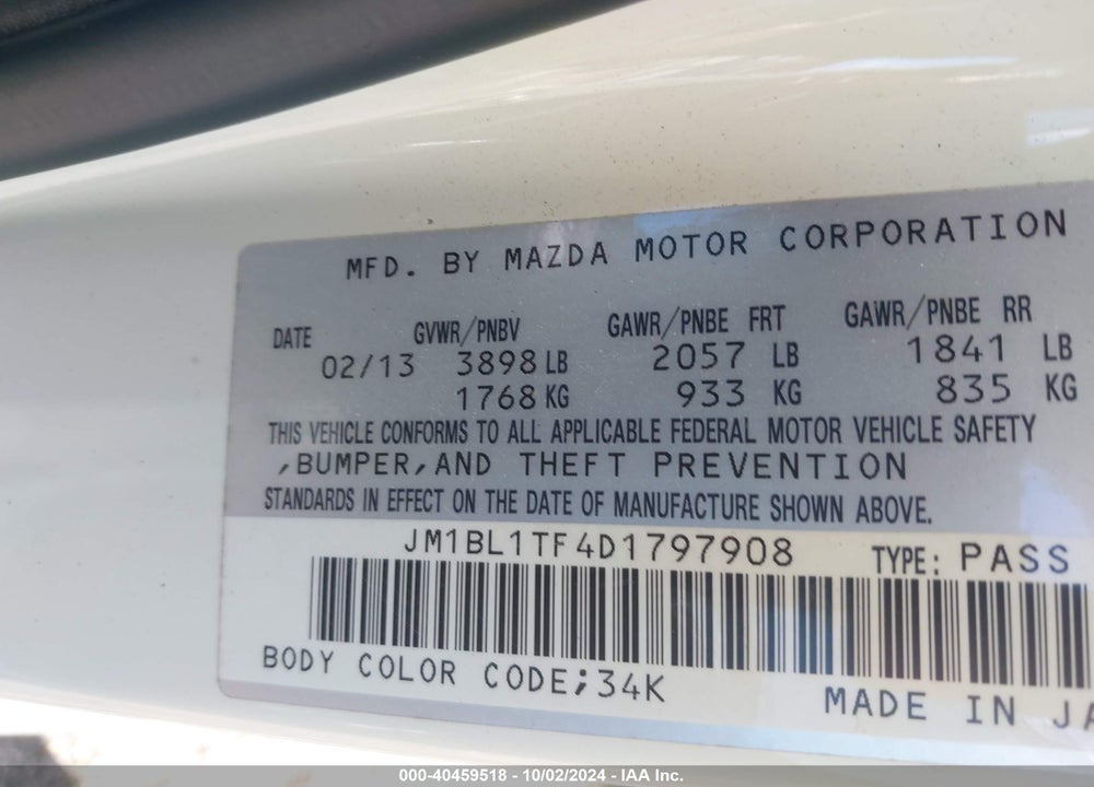 2013 MAZDA MAZDA3 VIN: JM1BL1TF4D1797908