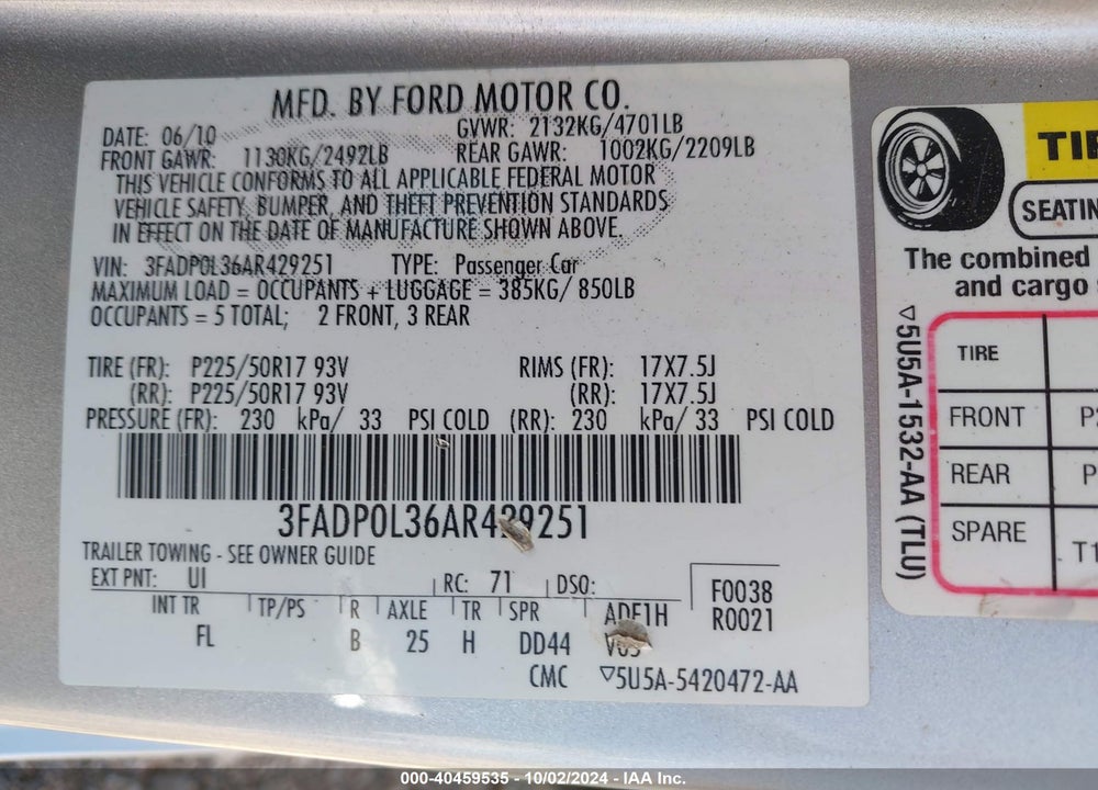 2010 FORD FUSION HYBRID VIN: 3FADP0L36AR429251