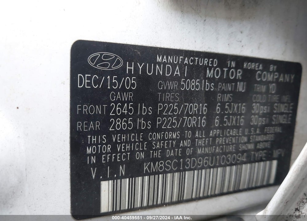2006 HYUNDAI SANTA FE GLS VIN: KM8SC13D96U103094