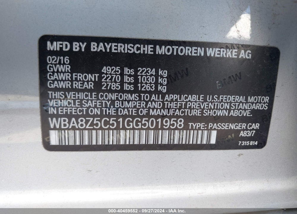 2016 BMW 3 SERIES GRAN TURISMO 328I XDRIVE VIN: WBA8Z5C51GG501958