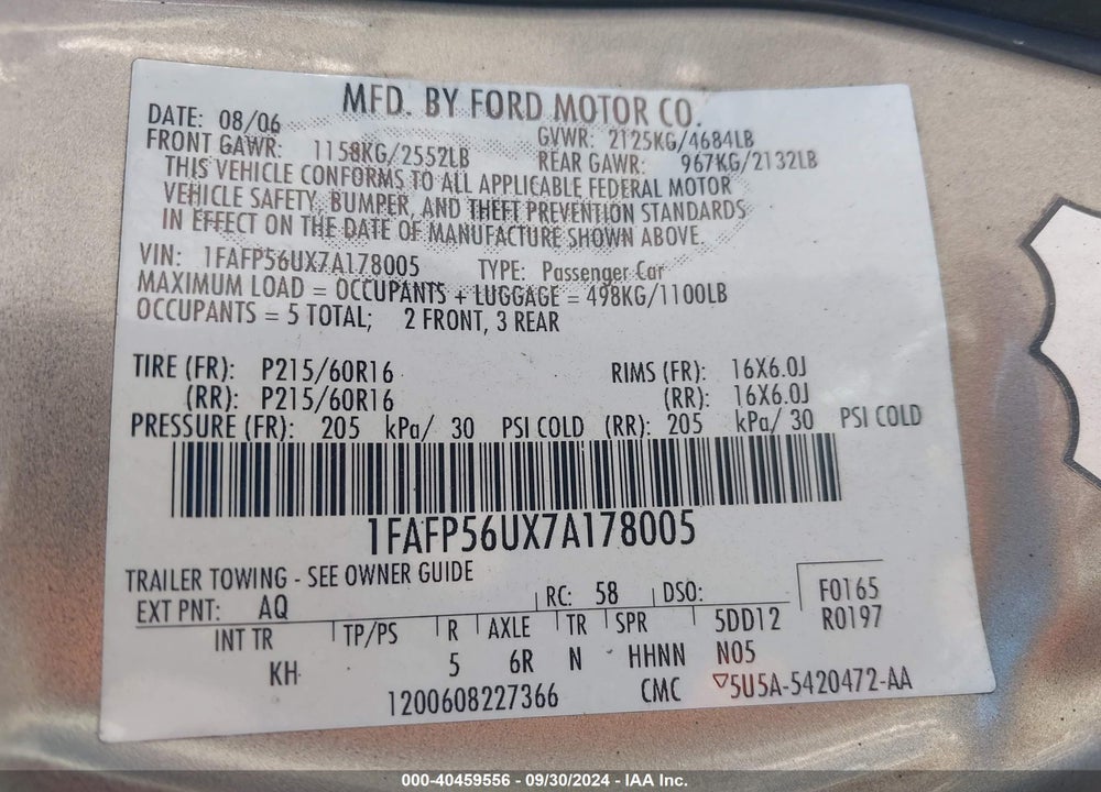 2007 FORD TAURUS SEL VIN: 1FAFP56UX7A178005
