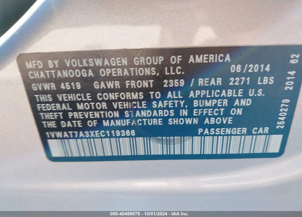 2014 VOLKSWAGEN PASSAT 1.8T WOLFSBURG EDITION VIN: 1VWAT7A3XEC119366