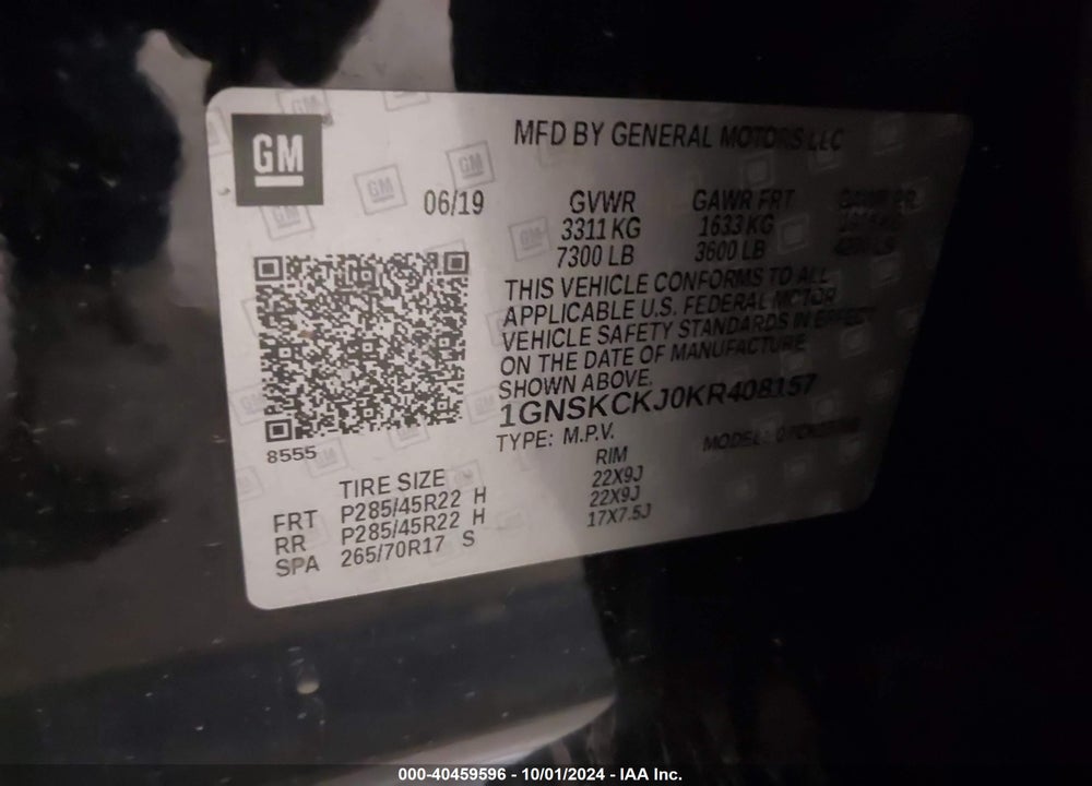 2019 CHEVROLET TAHOE PREMIER VIN: 1GNSKCKJ0KR408157