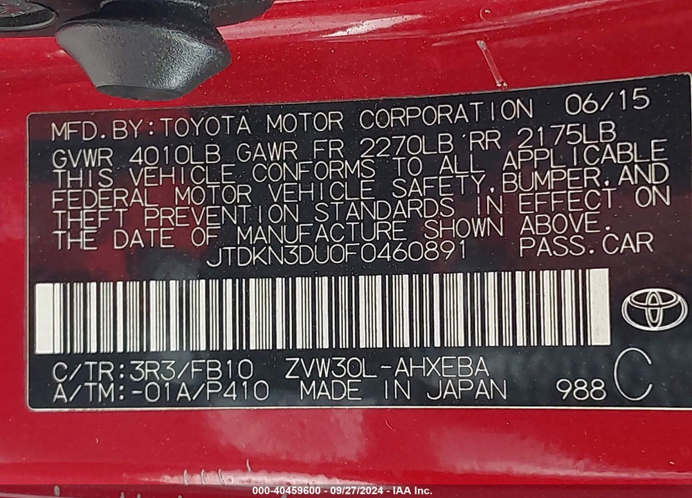 2015 TOYOTA PRIUS TWO VIN: JTDKN3DU0F0460891