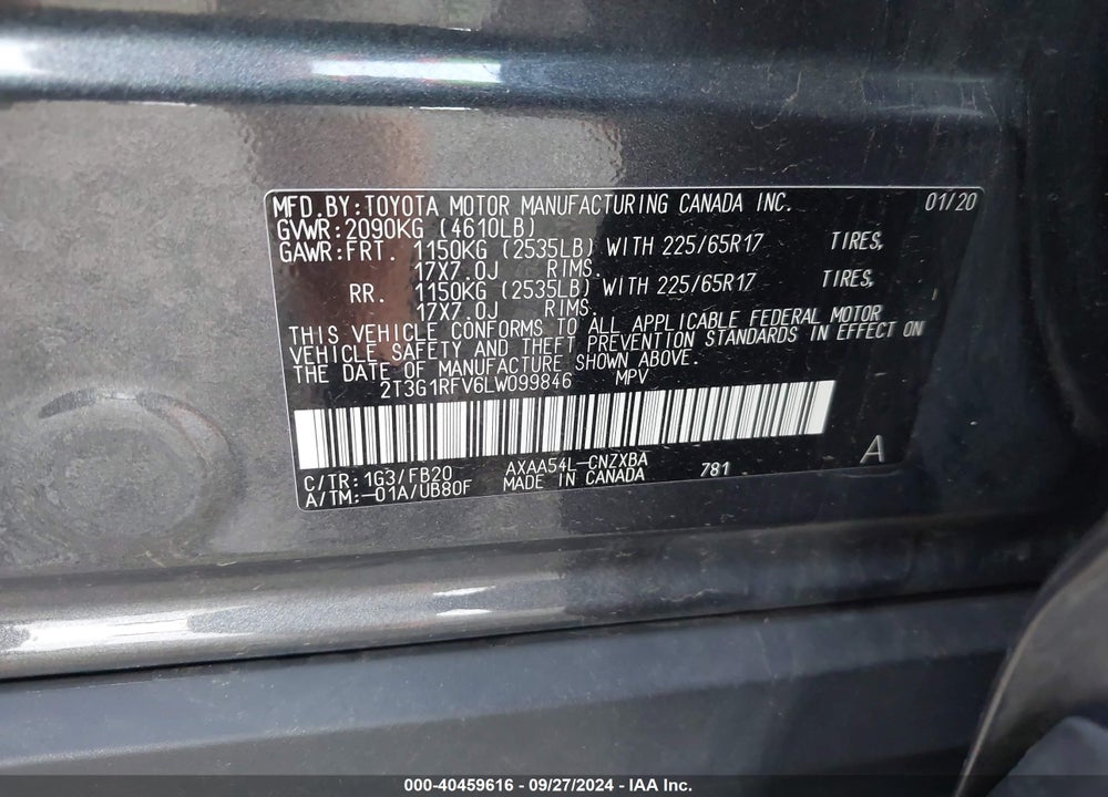 2020 TOYOTA RAV4 LE VIN: 2T3G1RFV6LW099846
