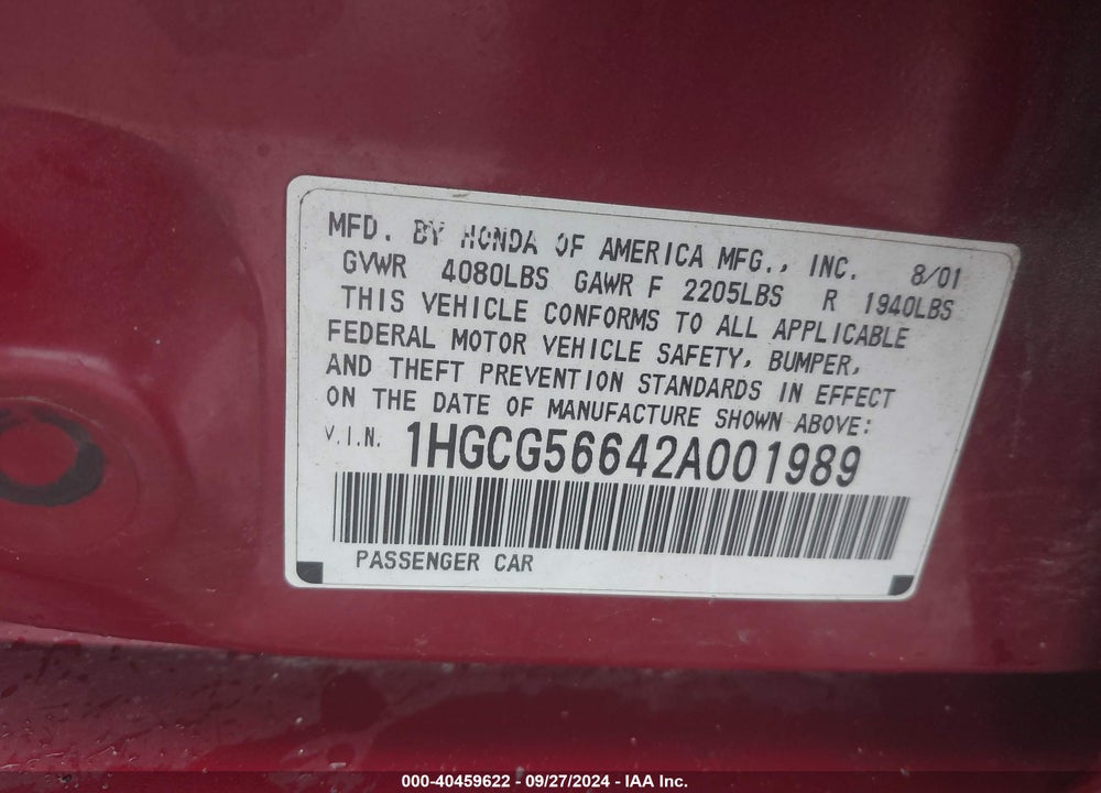 2002 HONDA ACCORD 2.3 EX VIN: 1HGCG56642A001989