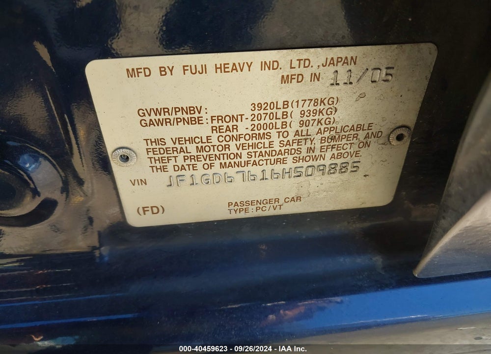 2006 SUBARU IMPREZA 2.5I VIN: JF1GD67616H509885