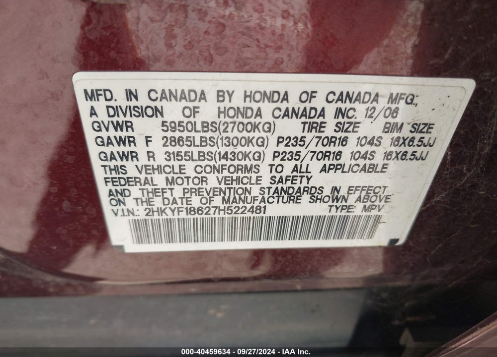 2007 HONDA PILOT EX-L VIN: 2HKYF18627H522481