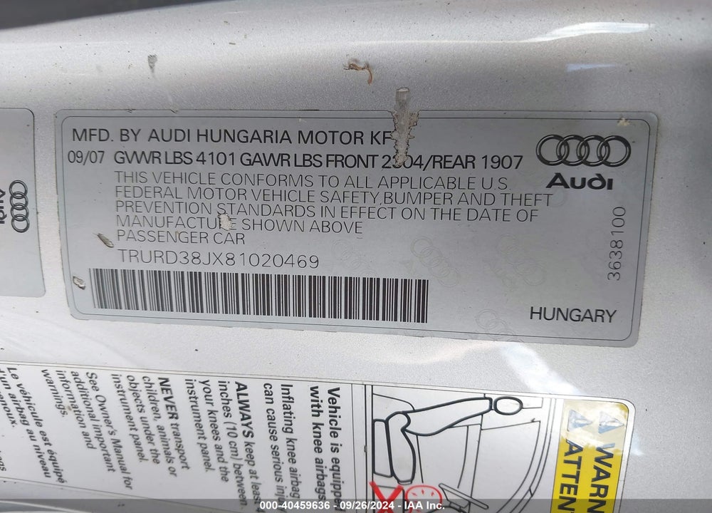 2008 AUDI TT 3.2 VIN: TRURD38JX81020469