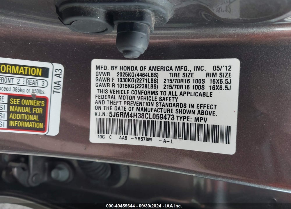 2012 HONDA CR-V LX VIN: 5J6RM4H38CL059473