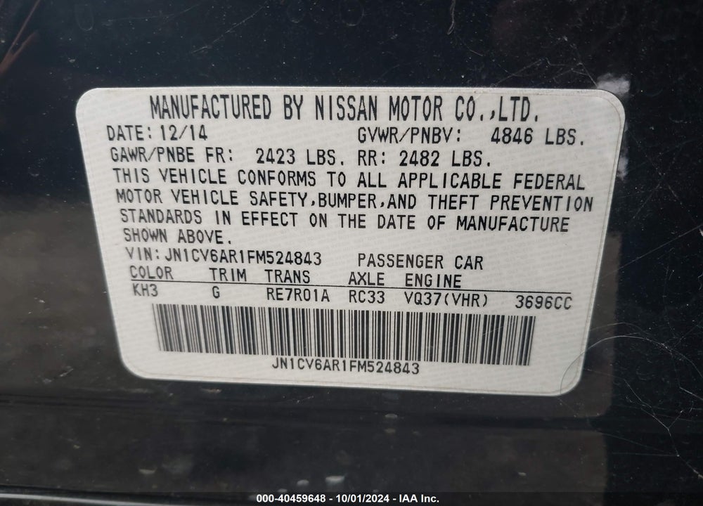 2015 INFINITI Q40 VIN: JN1CV6AR1FM524843