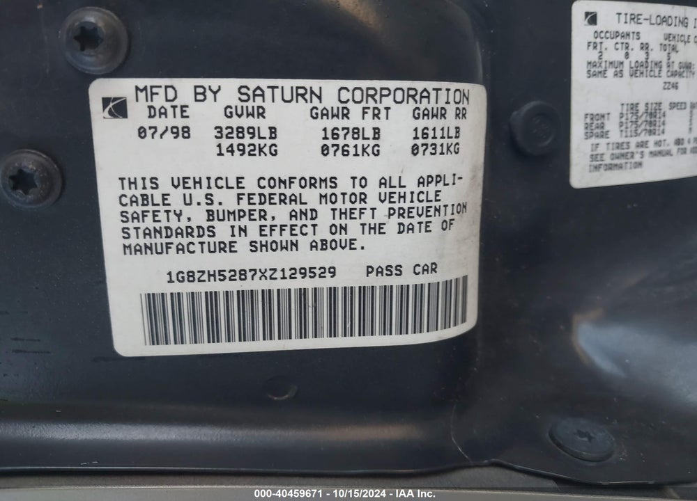 1999 SATURN SL1 VIN: 1G8ZH5287XZ129529