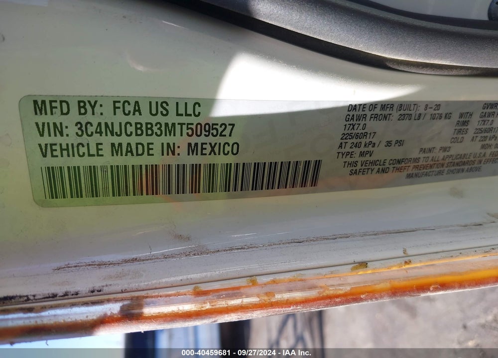 2021 JEEP COMPASS LATITUDE FWD VIN: 3C4NJCBB3MT509527