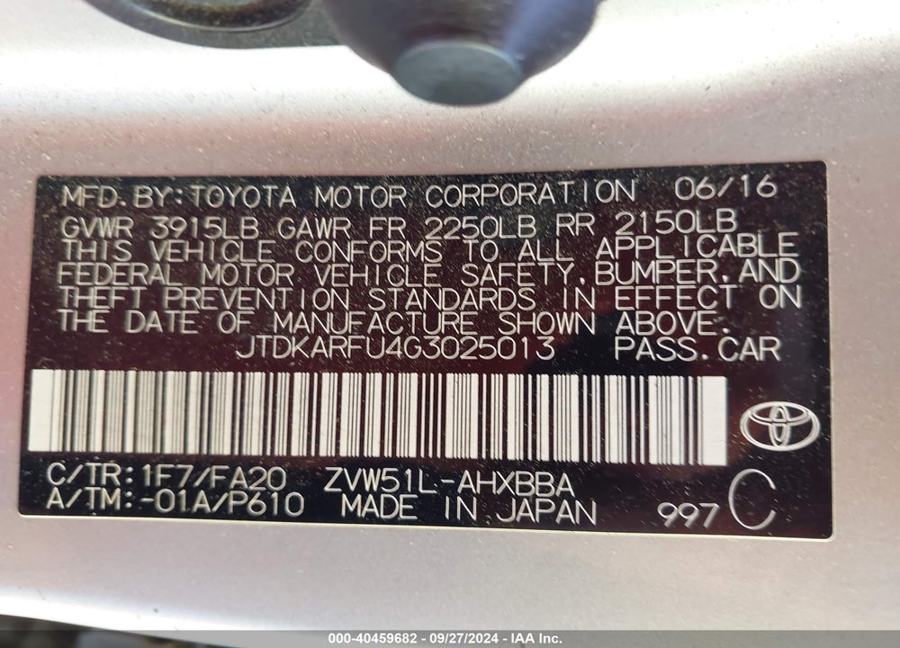 2016 TOYOTA PRIUS TWO ECO VIN: JTDKARFU4G3025013