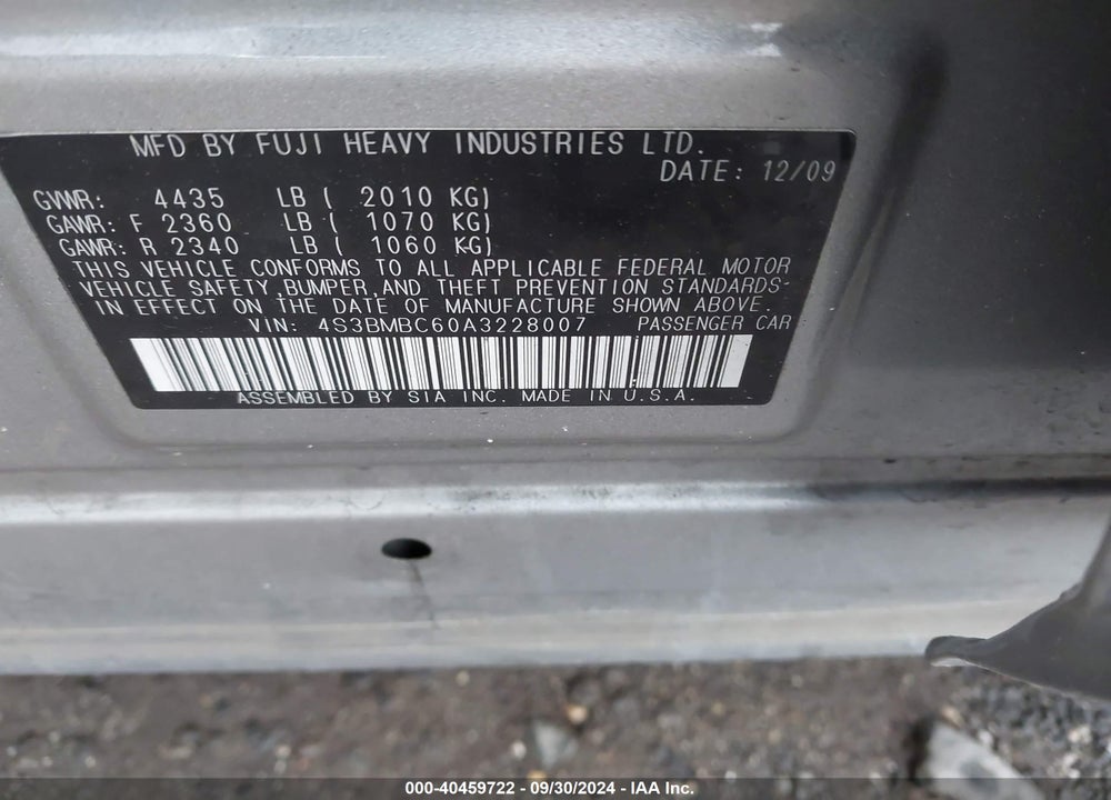 2010 SUBARU LEGACY 2.5I PREMIUM VIN: 4S3BMBC60A3228007