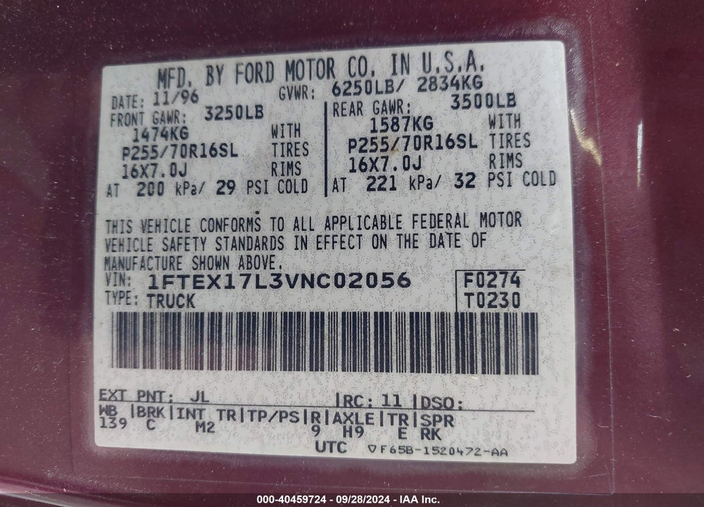 1997 FORD F-150 LARIAT/XL/XLT VIN: 1FTEX17L3VNC02056