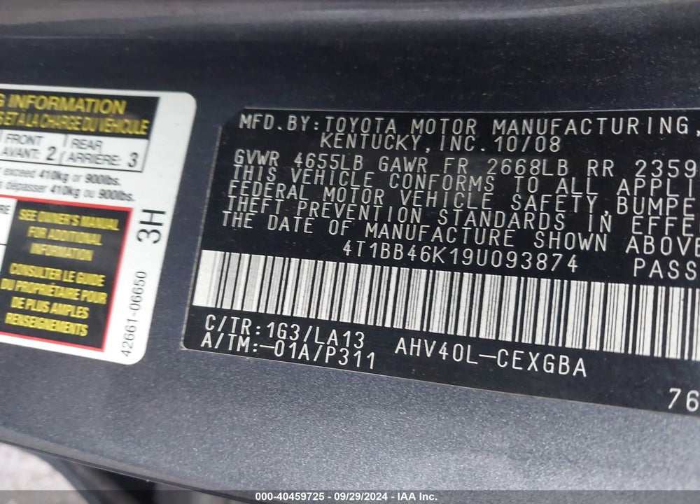 2009 TOYOTA CAMRY HYBRID VIN: 4T1BB46K19U093874