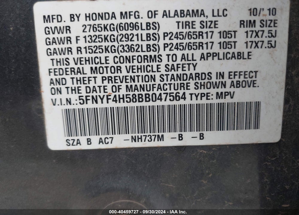 2011 HONDA PILOT EX-L VIN: 5FNYF4H58BB047564