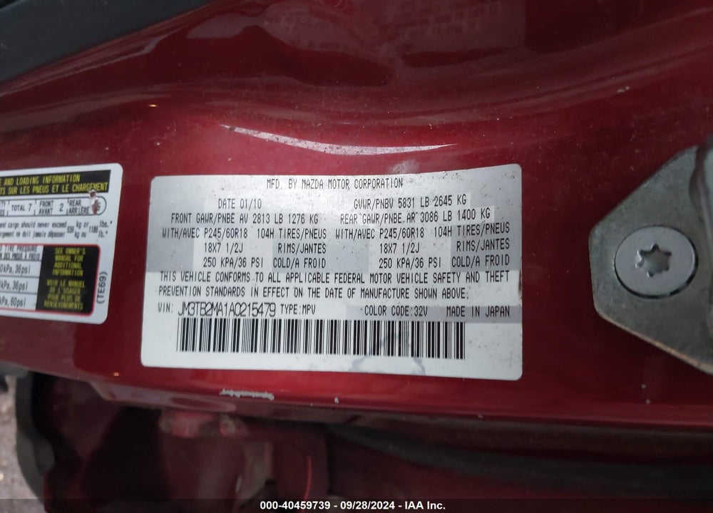 2010 MAZDA CX-9 TOURING VIN: JM3TB2MA1A0215479