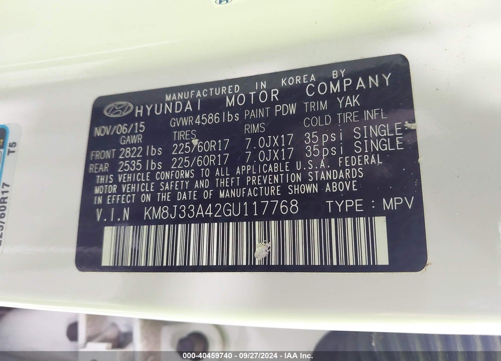 2016 HYUNDAI TUCSON SE VIN: KM8J33A42GU117768