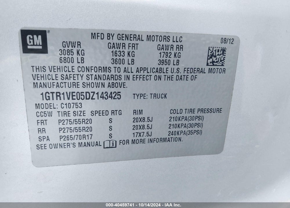 2013 GMC SIERRA 1500 SLE VIN: 1GTR1VE05DZ143425