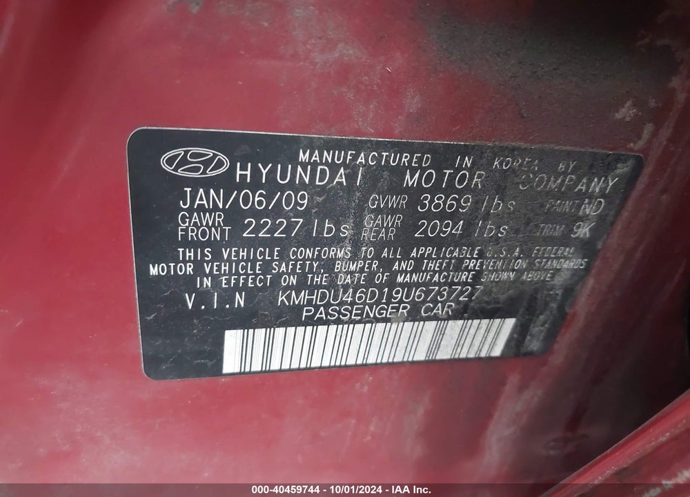 2009 HYUNDAI ELANTRA GLS VIN: KMHDU46D19U673727