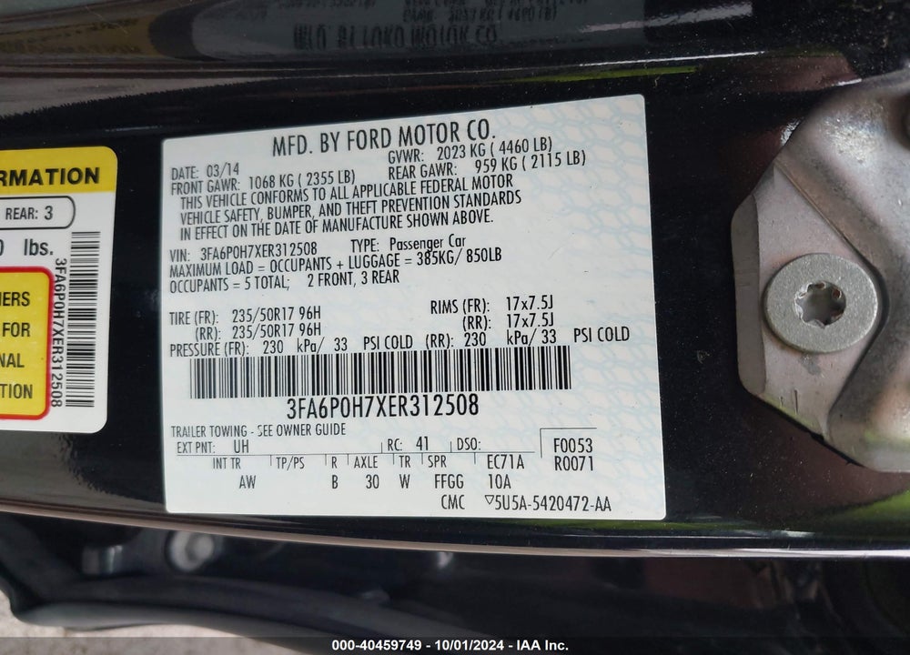 2014 FORD FUSION SE VIN: 3FA6P0H7XER312508