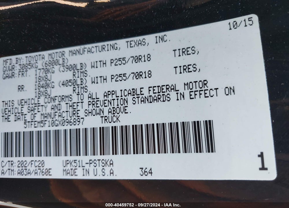 2016 TOYOTA TUNDRA SR5 4.6L V8 VIN: 5TFEM5F10GX096897