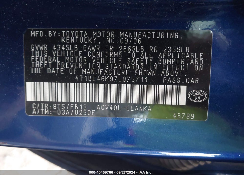 2007 TOYOTA CAMRY LE VIN: 4T1BE46K97U075711