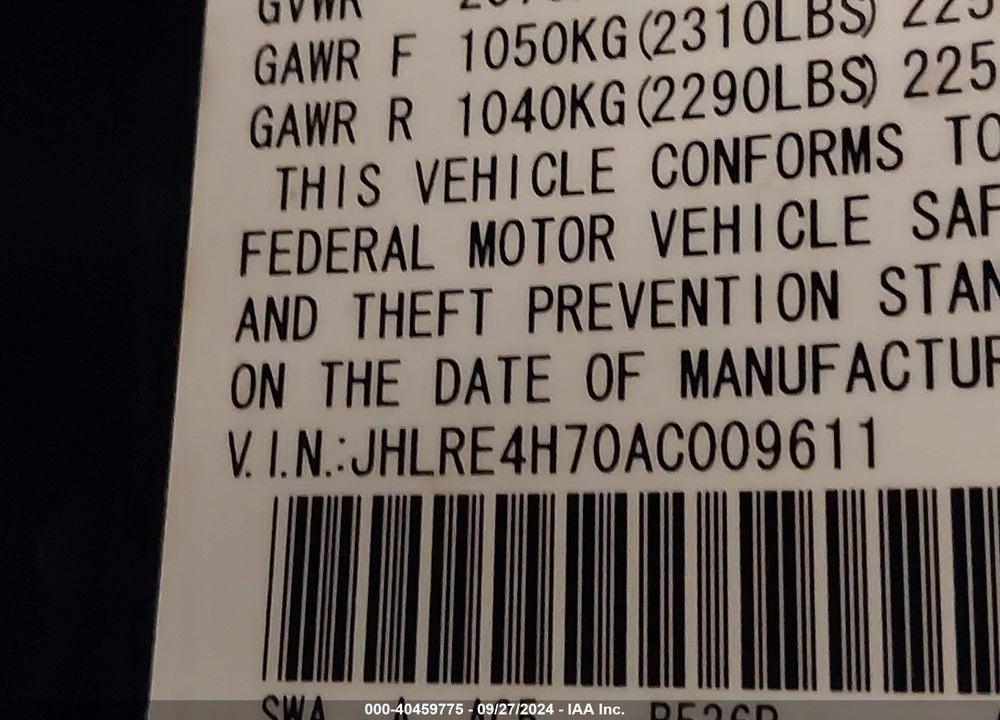 2010 HONDA CR-V EX-L VIN: JHLRE4H70AC009611
