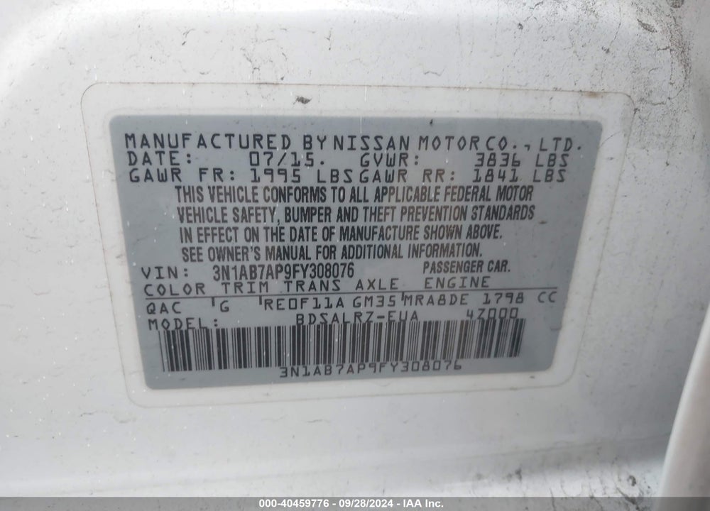 2015 NISSAN SENTRA FE+ S/S/SL/SR/SV VIN: 3N1AB7AP9FY308076