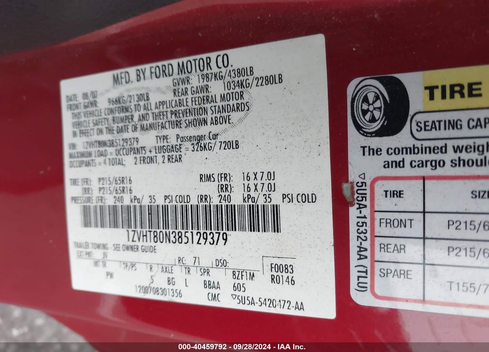 2008 FORD MUSTANG V6 DELUXE/V6 PREMIUM VIN: 1ZVHT80N385129379