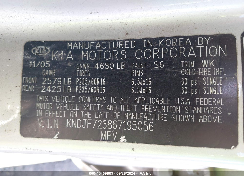 2006 KIA SPORTAGE EX V6/LX V6 VIN: KNDJF723867195056
